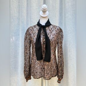 Cristina Gavioli Collection animal print sheer lace blouse with a bow tie